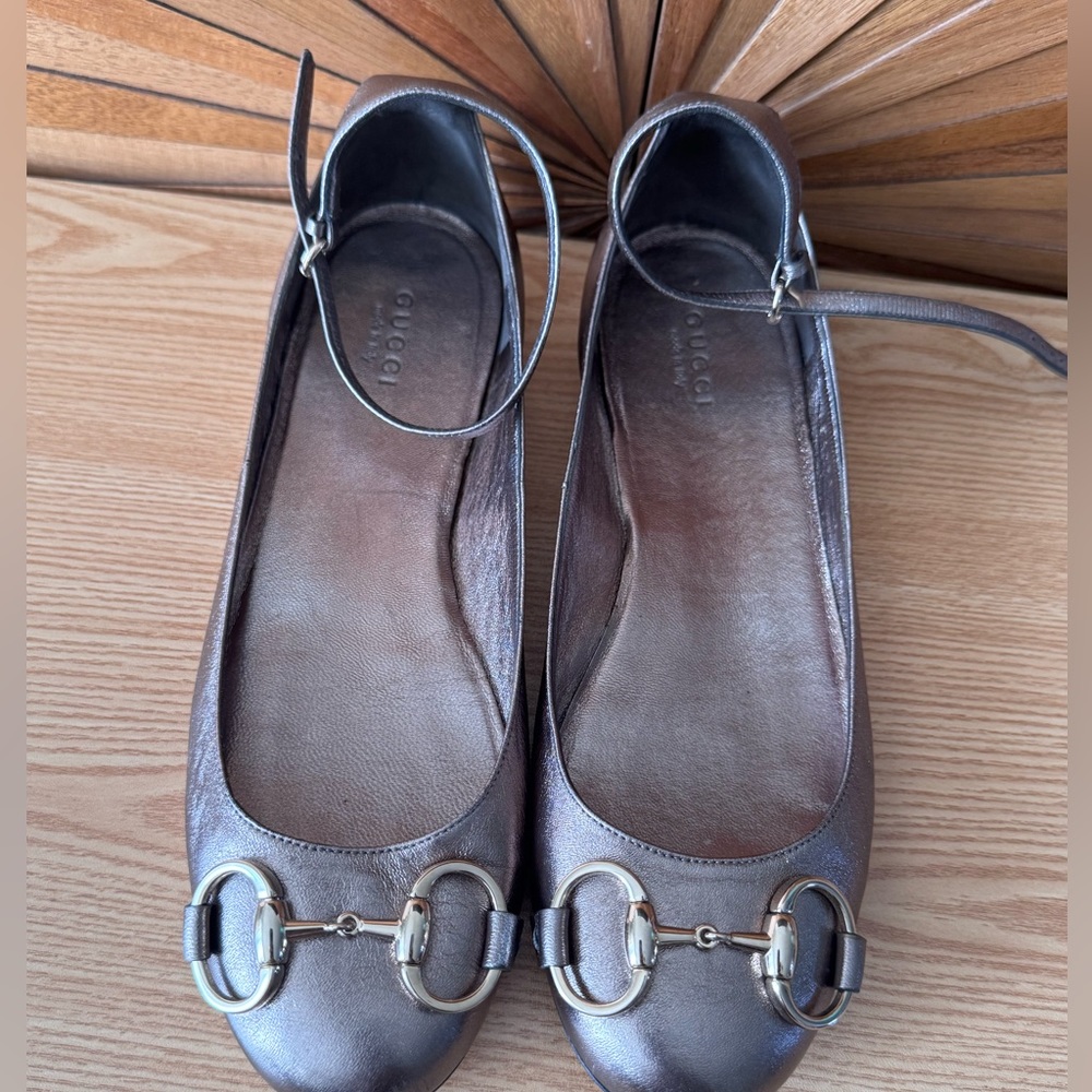 Gucci Horsebit Women 7B Ballet Flats Shoes Bronze Pewter Ankle Strap Mary Jane‎